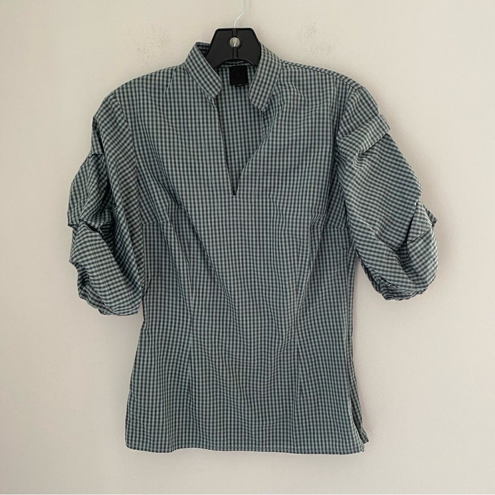 Que Women’s Slit V Neck Gingham Plaid Short Puffer Sleeve Blouse size XS